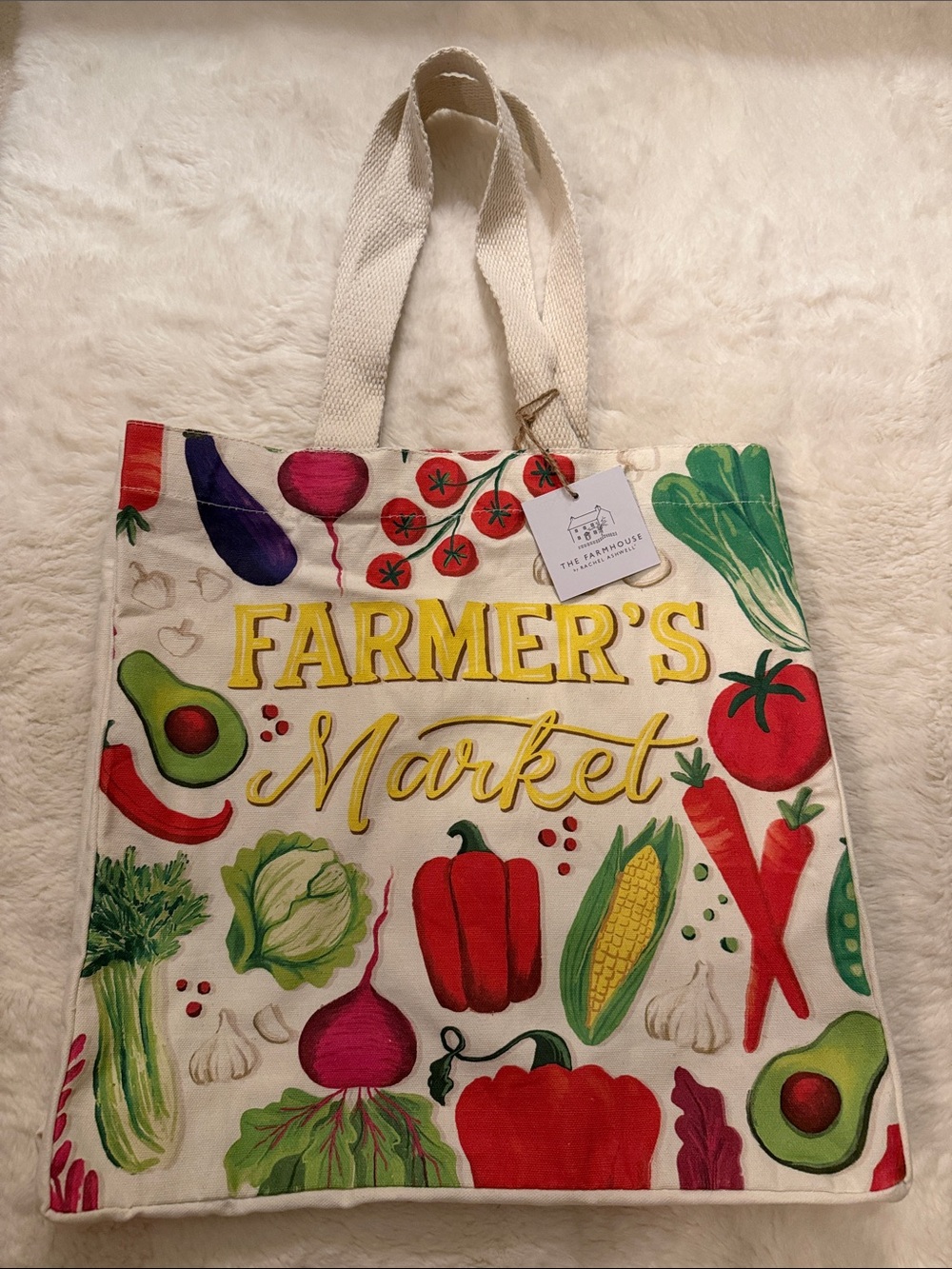 NWT, Farmer's Market Canvas Tote Bag with Colorful Veggie Print
